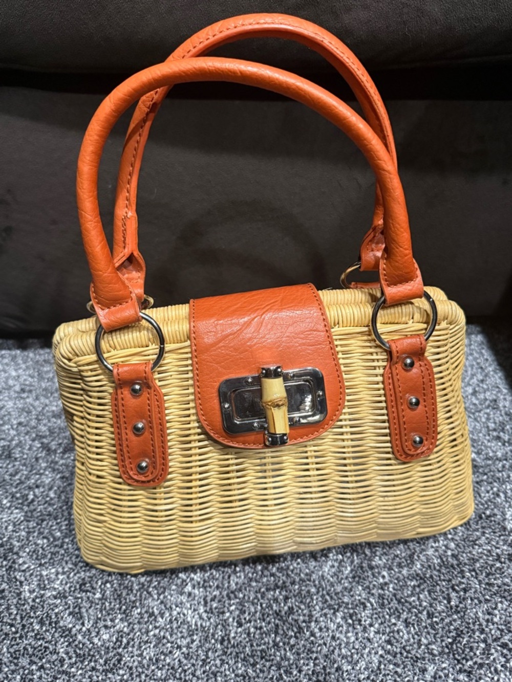 Kelly & Katie Wicker Satchel Handbag Caramel - Cognac Trim Bamboo Twist Lock